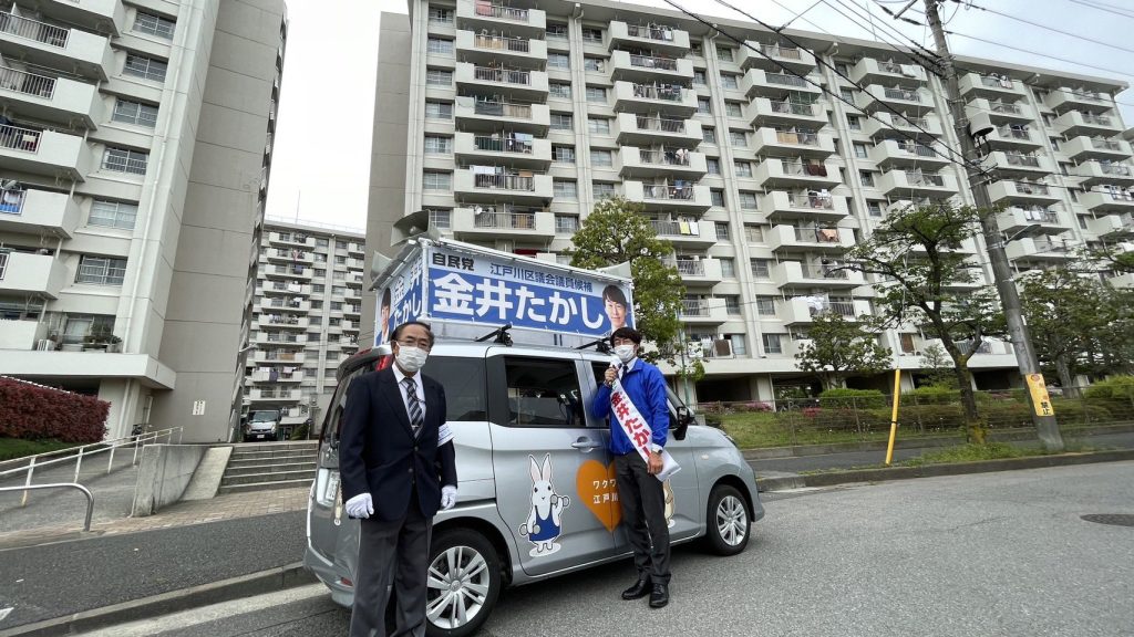 画像　宇喜田・小島地区でのごあいさつ（4月19日）